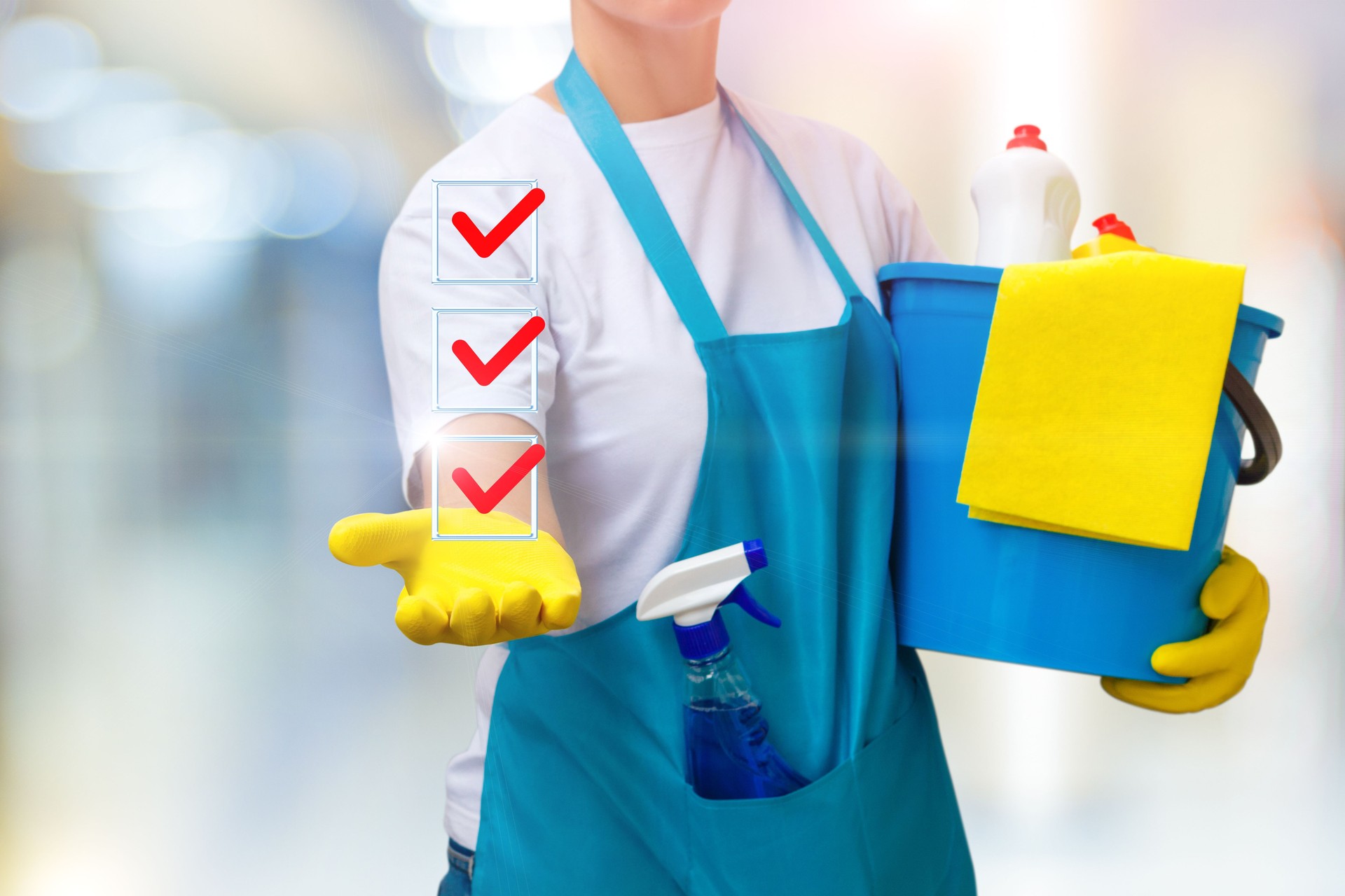 Cleaning lady shows a list of completed tasks .